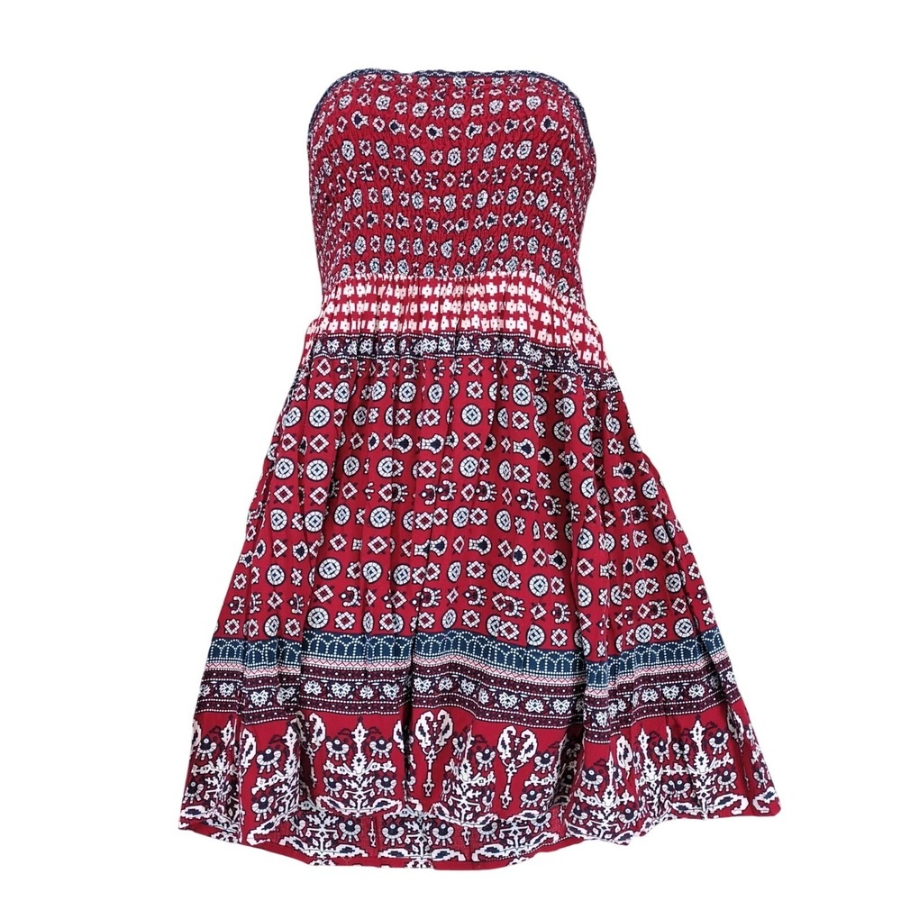 Earthbound Trading Co Red Boho Strapless Mini Dress XL Smocked Festival Summer